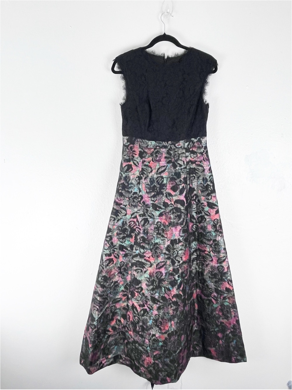 AIDAN MATTOX Black Lace Top Embroidered Brocade Skirt Maxi Dress Size 6 Gala